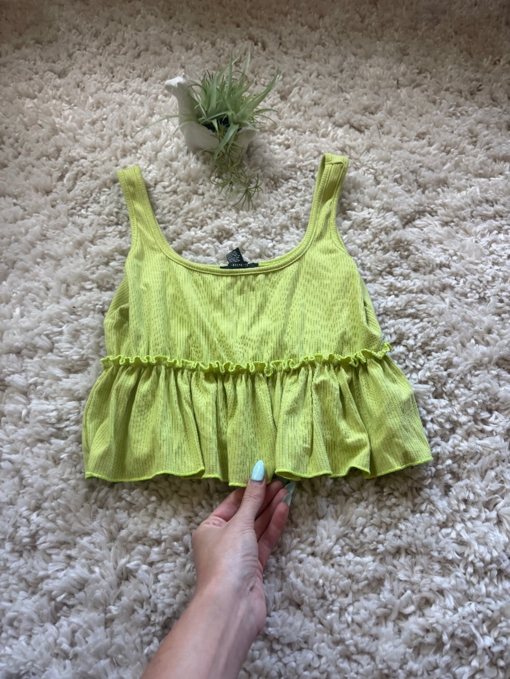Ribbed Forever 21 Neon Yellow Ruffle Hem Ribbed Crop Tank cute boho outfit  tank